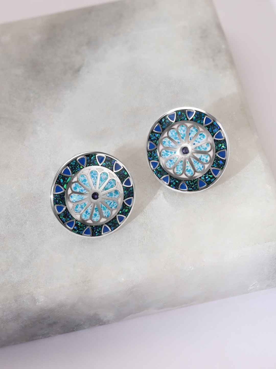 

Mia by Tanishq Midnight Mosaic Opal Studded Circular Shaped Studs, Silver