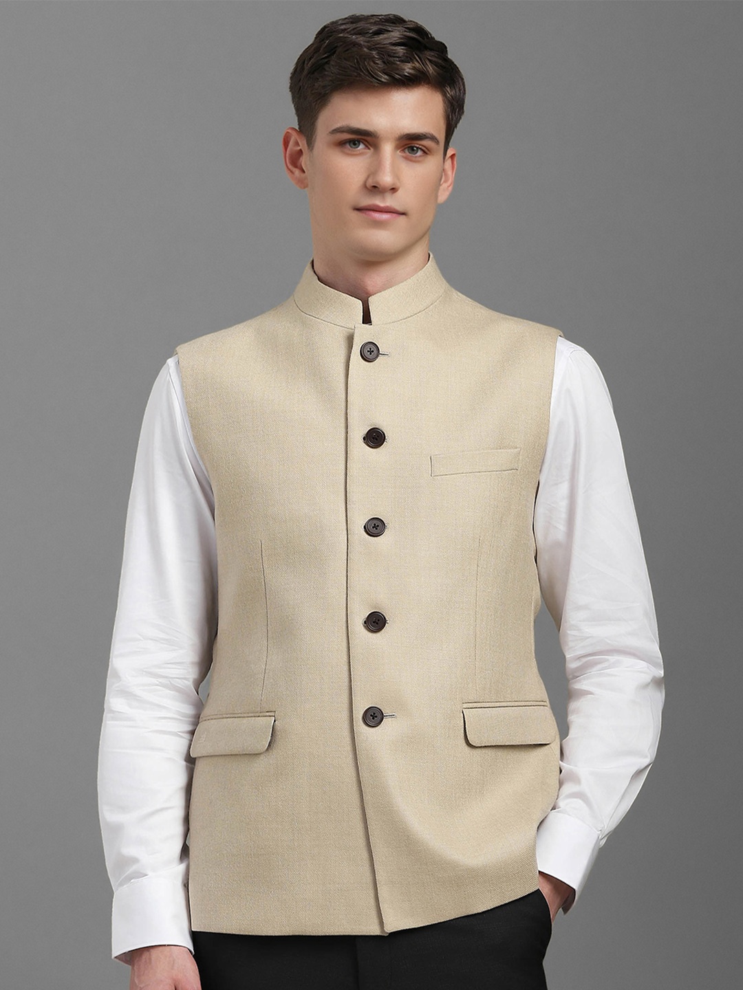 

Louis Philippe Textured Slim Fit Woven Nehru Jacket, Beige