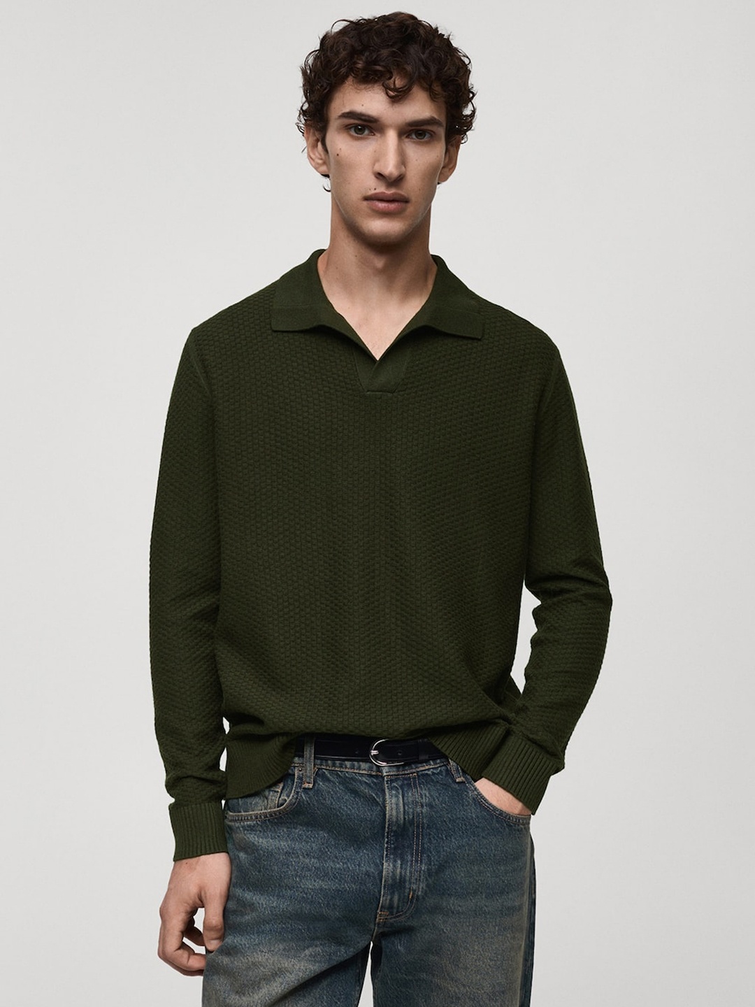 

MANGO MAN Textured Pullover, Olive