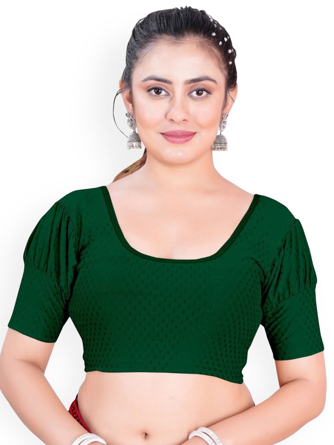 

SS Sanket Synthetics Dobby Textured Stretchable Balloon Saree Blouse, Green