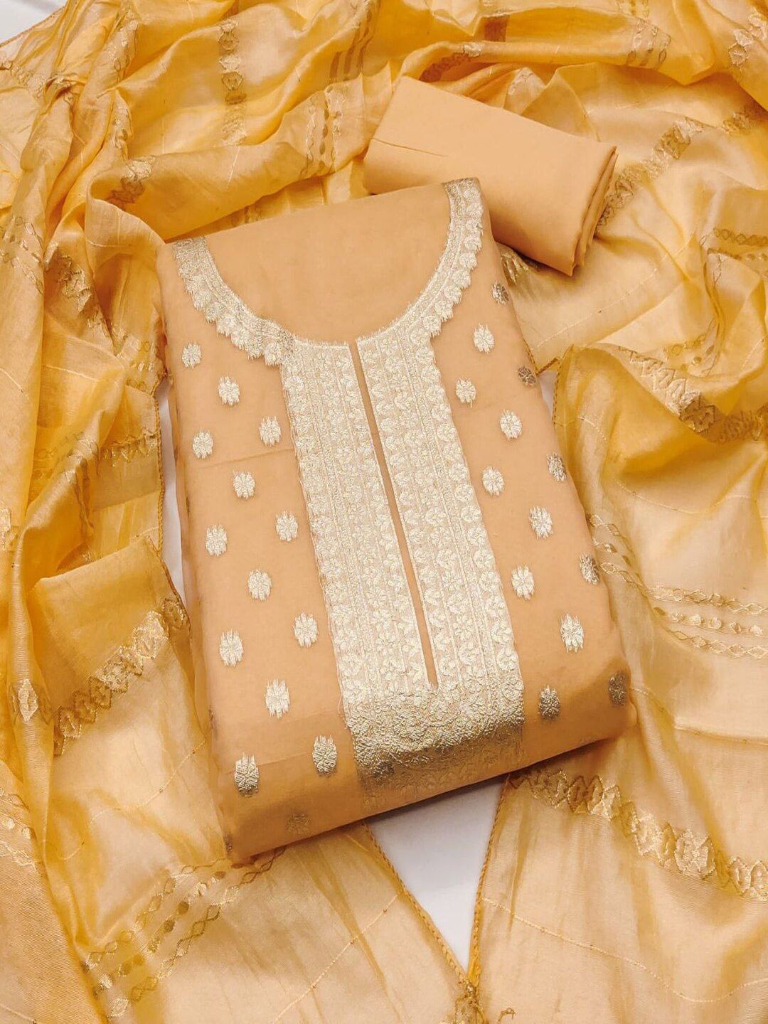 

REALLTREND Ethnic Motifs Woven Design Unstitched Dress Material, Peach