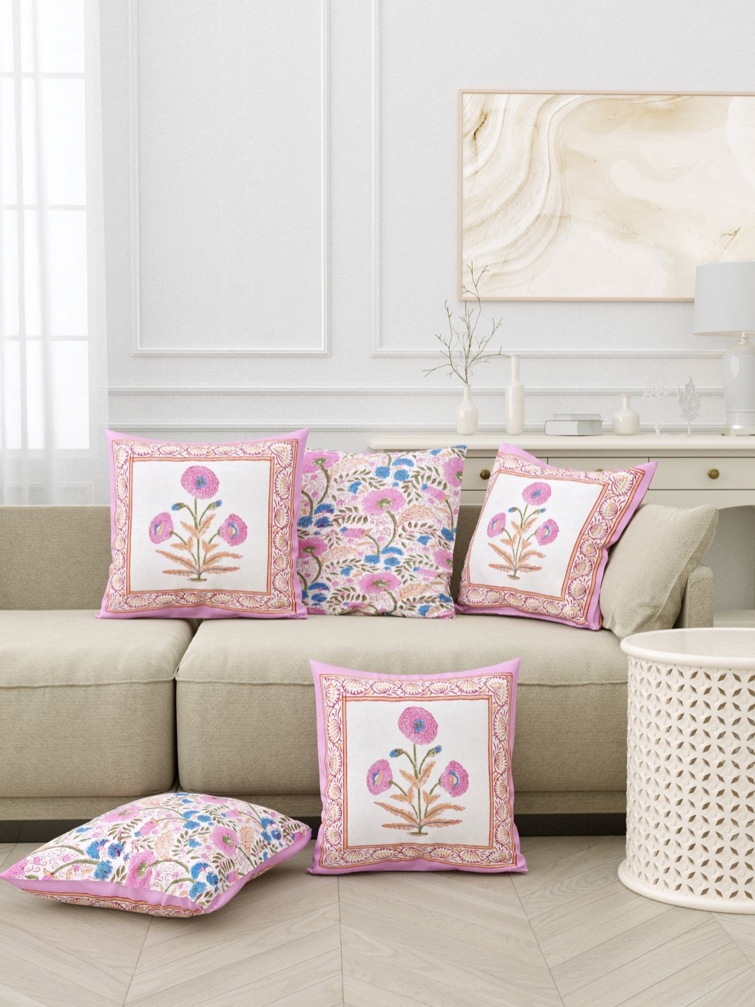 

Myntra Elegant Homes Pink & White Set of 5 Floral Square Cushion Covers