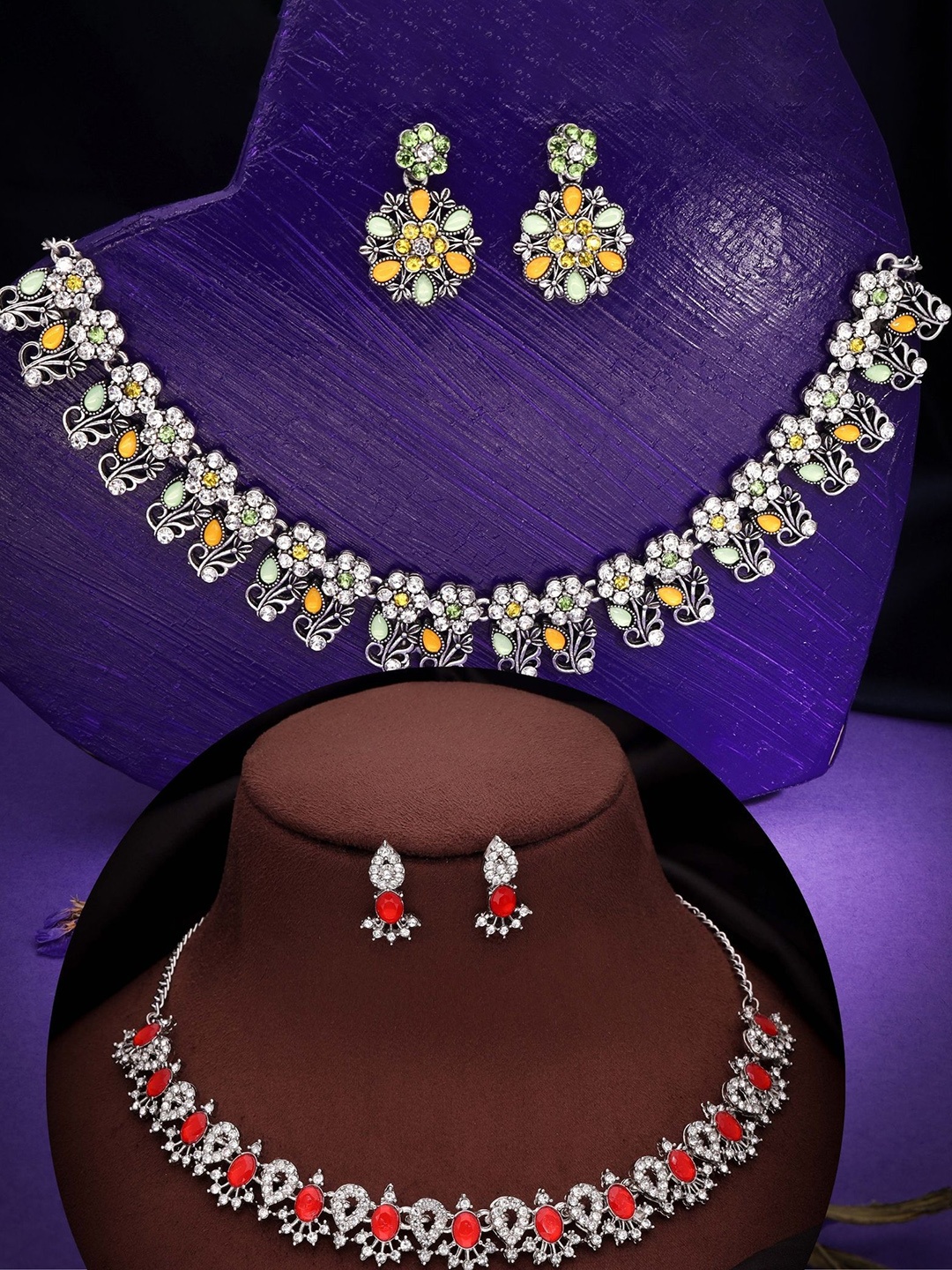 

DIVASTRI Set Of 2 Silver Plated American Daimond Stone-Studded Jewellery Sets