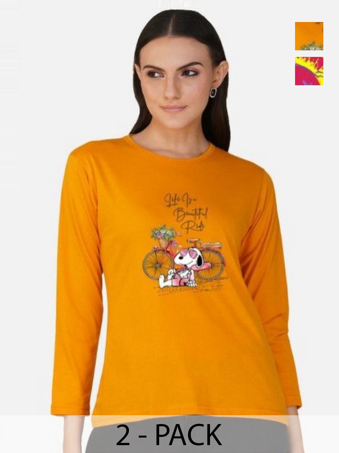 

Metronaut Women 2 Printed Bio Finish Applique T-shirt, Mustard