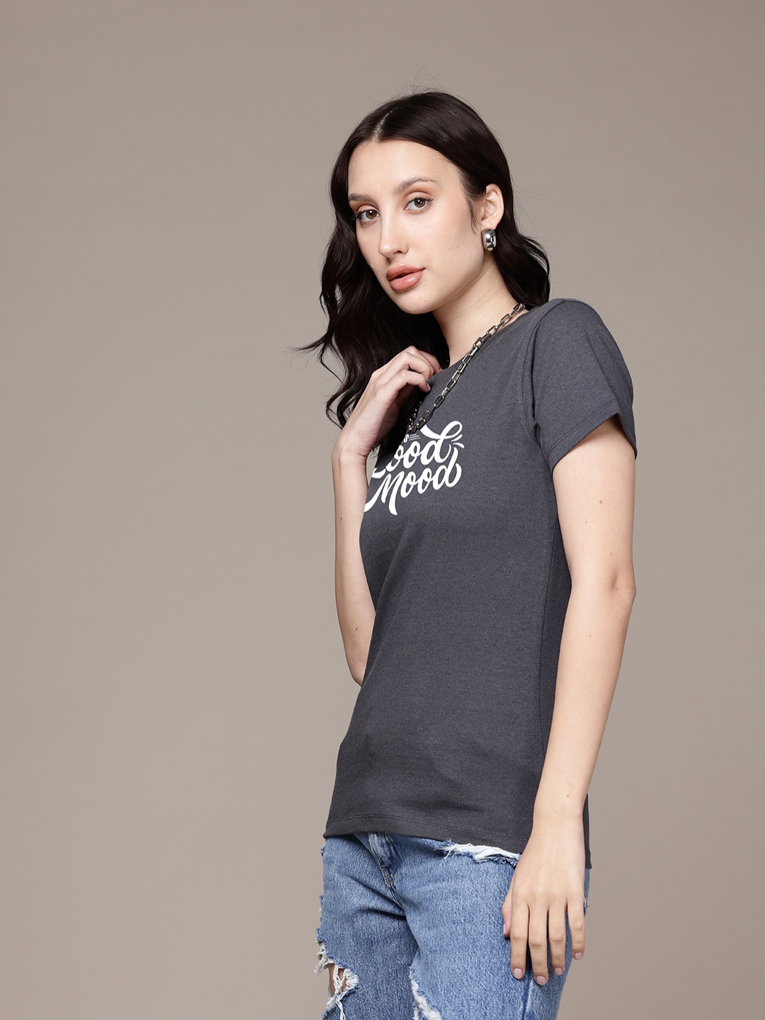 

Moda Rapido Women Printed T-shirt, Steel
