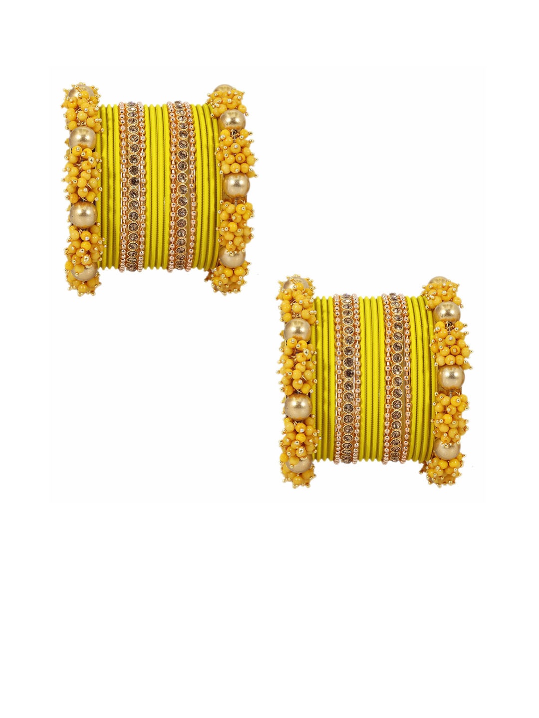 

ZULKA Set Of 32 Cubic Zirconia Studded & Pearls Beaded Matte Bangles, Gold