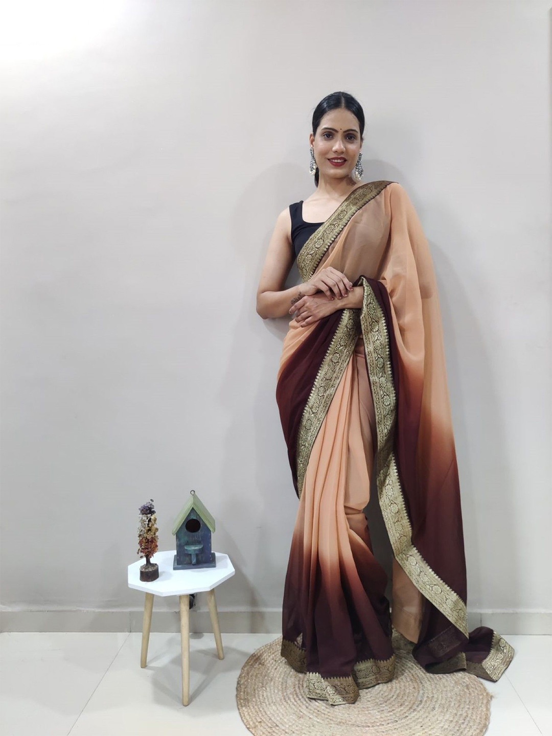 

Rangtulika Ethnics Ombre Zari Poly Georgette Ready to Wear Saree, Brown
