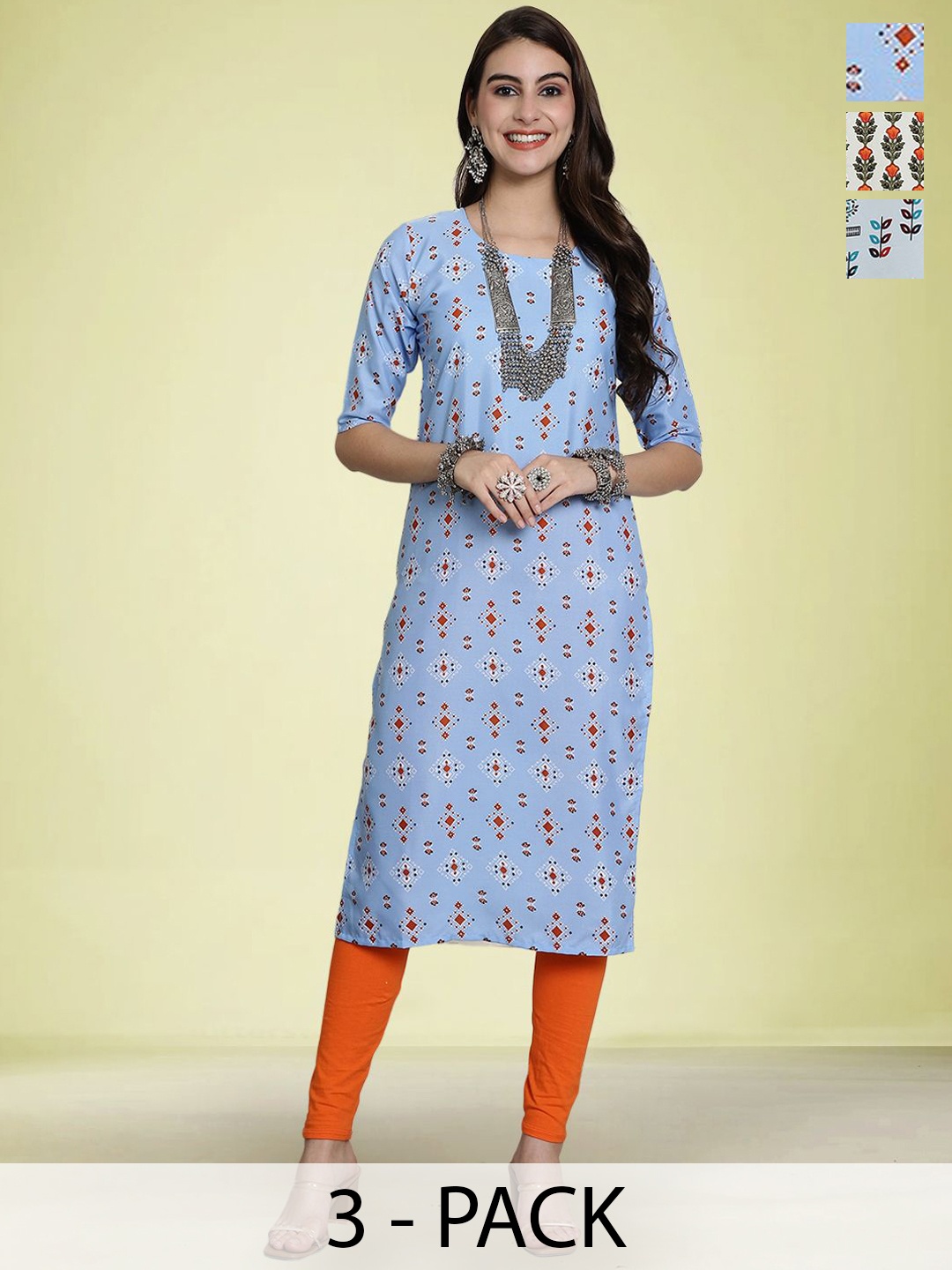 

Moda Rapido Selection Of 3 Floral Printed Round Neck Straight Kurtas, Grey