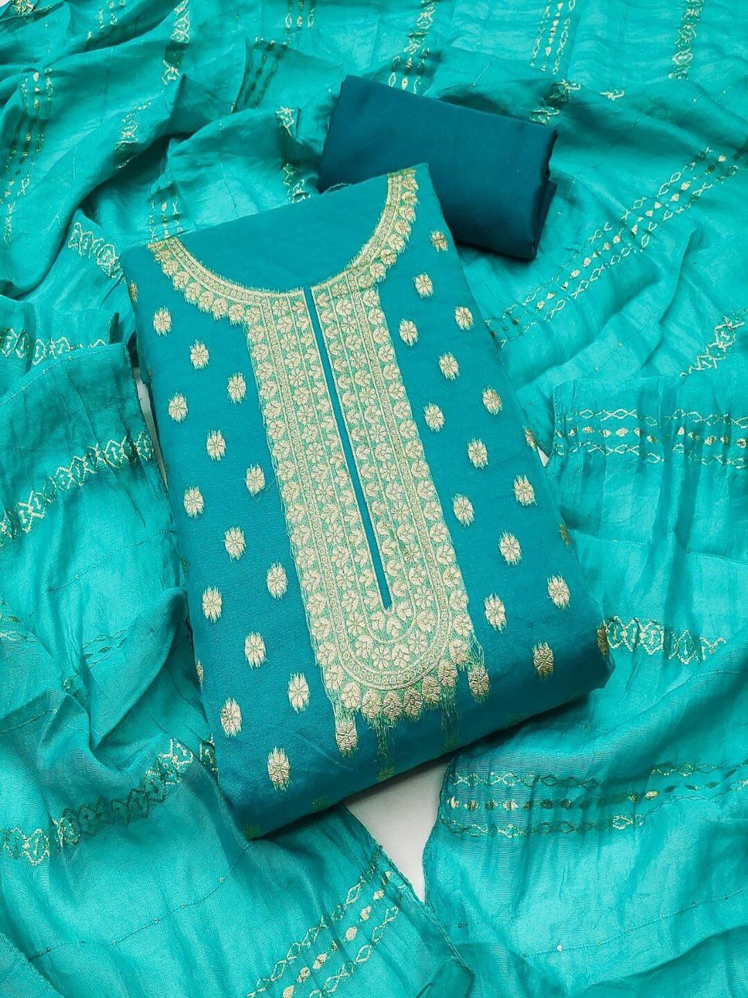 

SHIJILA Floral Woven Design Unstitched Dress Material, Blue
