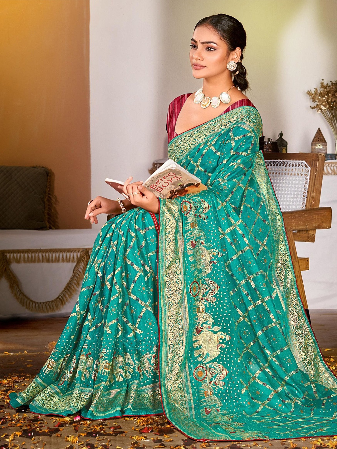 

Reboot Fashions Embellished Silk Blend Handloom Bhagalpuri Saree, Turquoise blue
