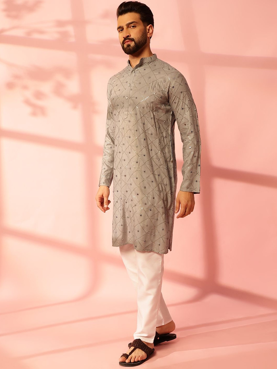 

Anouk Geometric Embroidered Mirror Work Cotton Straight Kurta, Grey