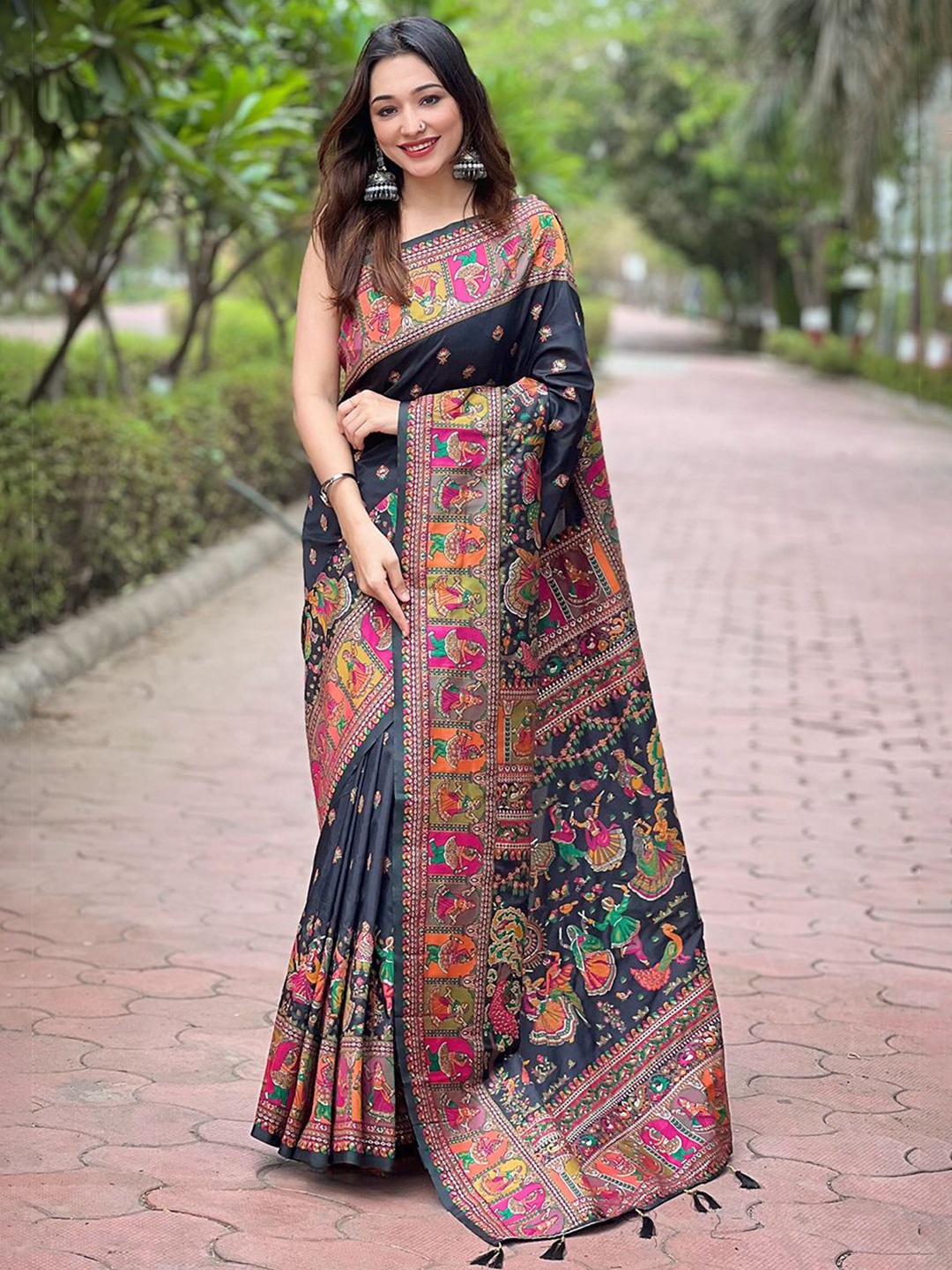 

all about you Woven Design Silk Blend Saree, Black