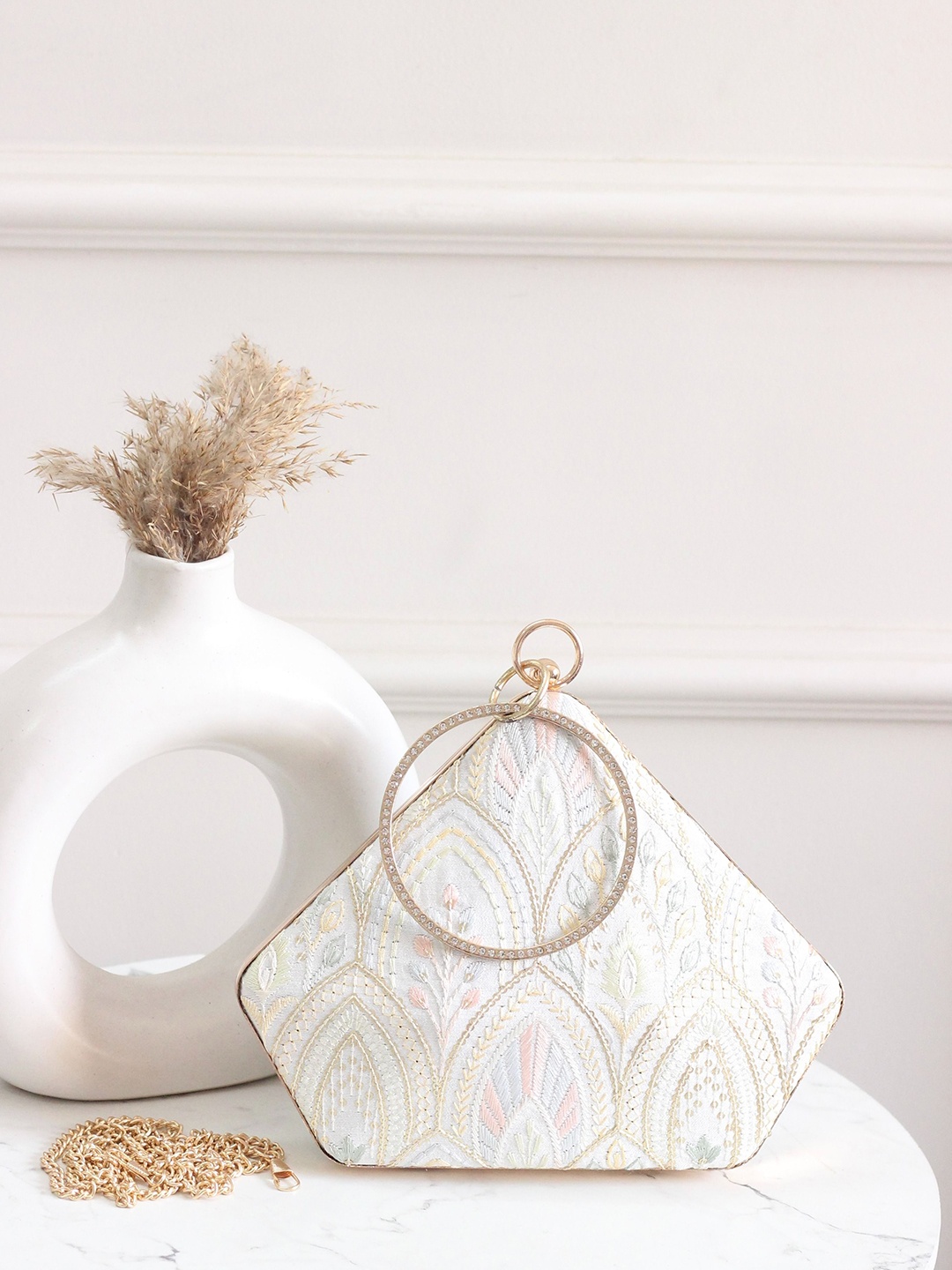 

BOXWISH BY BHUMIKA Embellished Half Moon Clutch, White