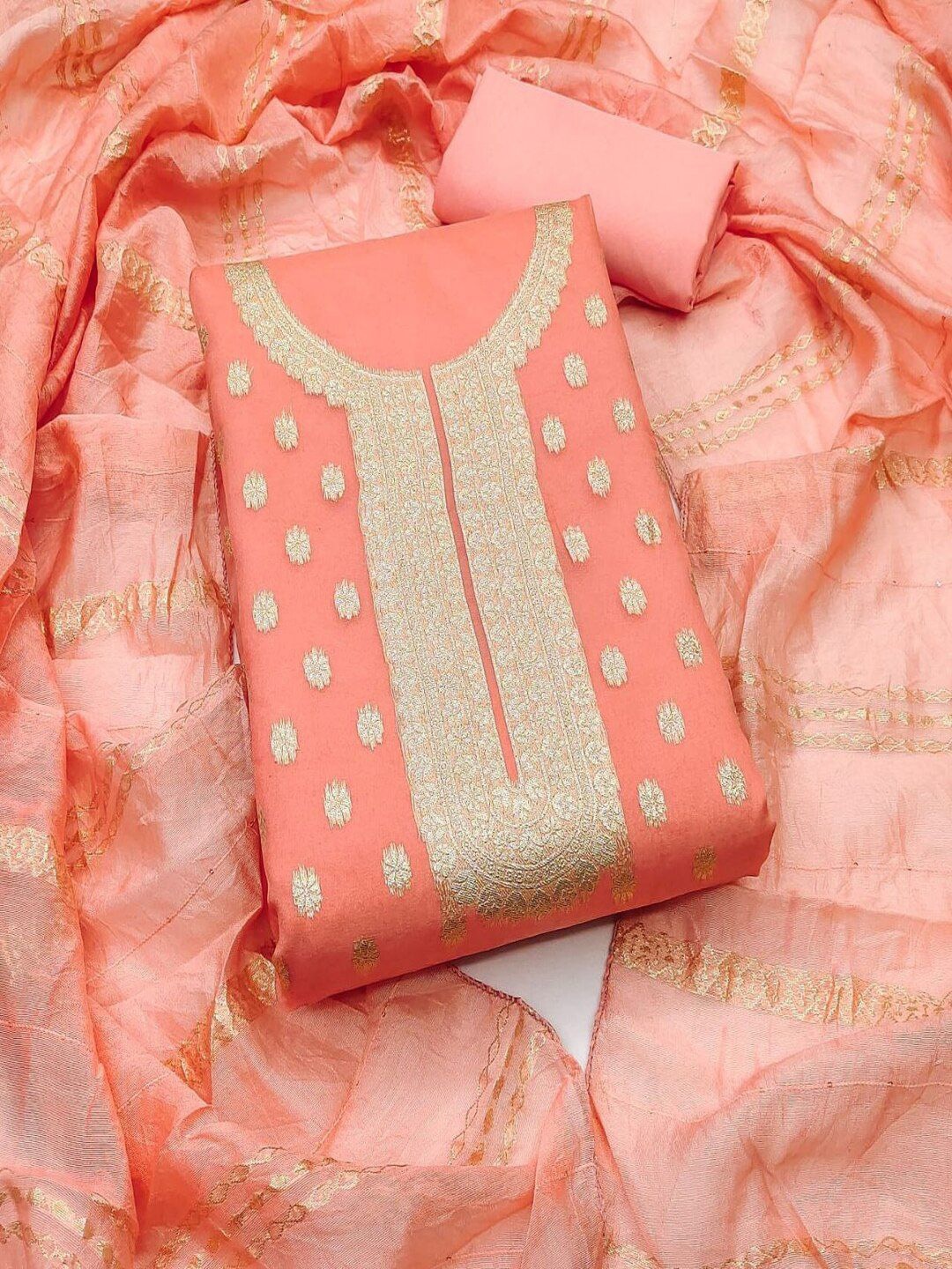 

SHIJILA Floral Woven Design Unstitched Dress Material, Peach