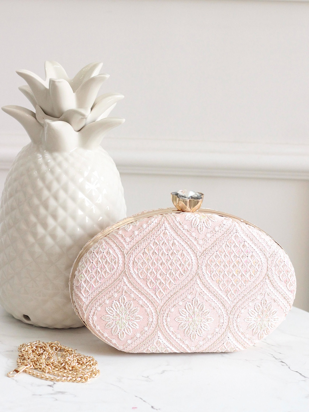 

BOXWISH BY BHUMIKA Embellished Bucket Clutch with Tasselled, Peach