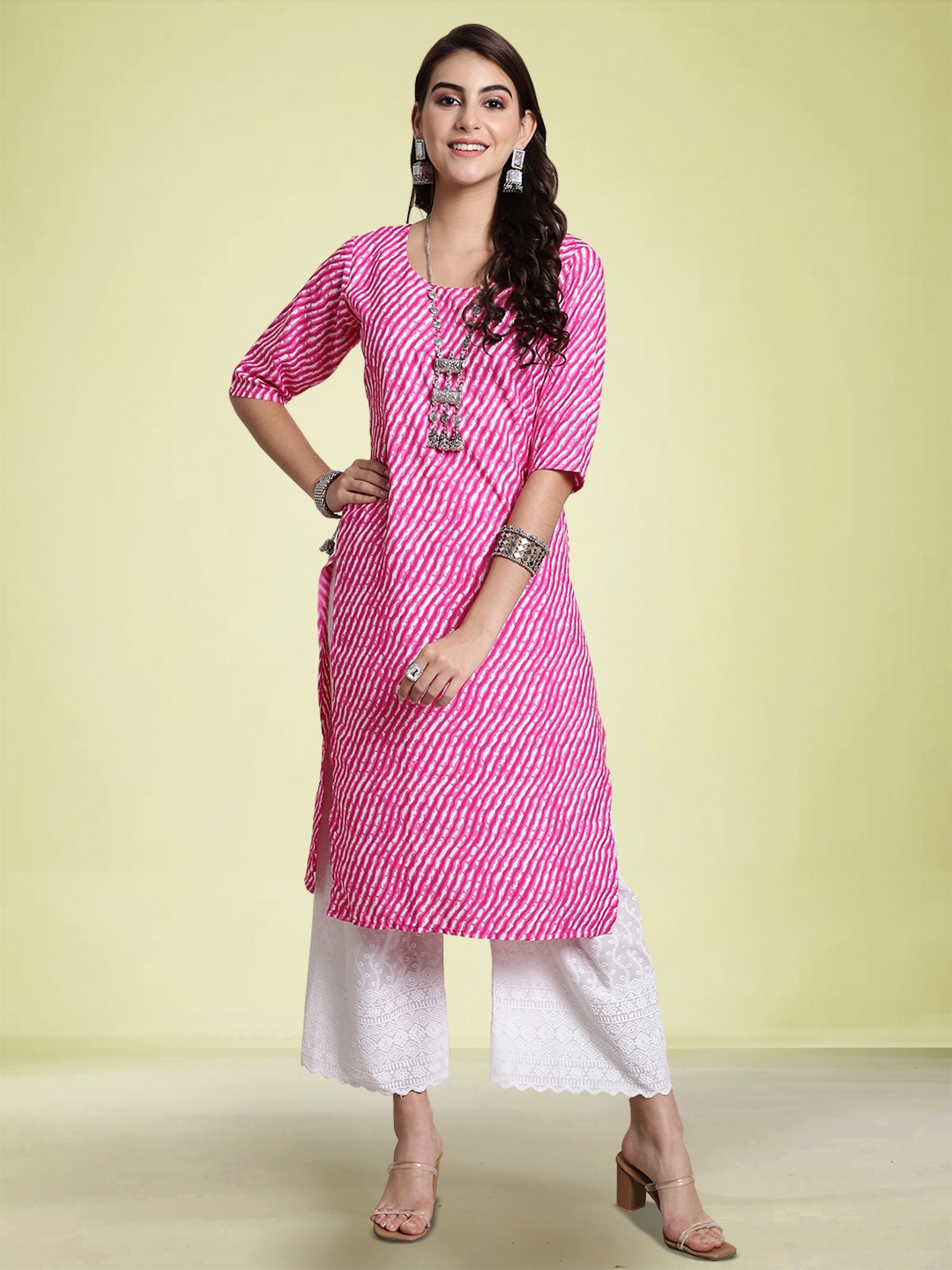 

Moda Rapido Selection Of 3 Leheriya Printed Round Neck Straight Kurtas, Pink