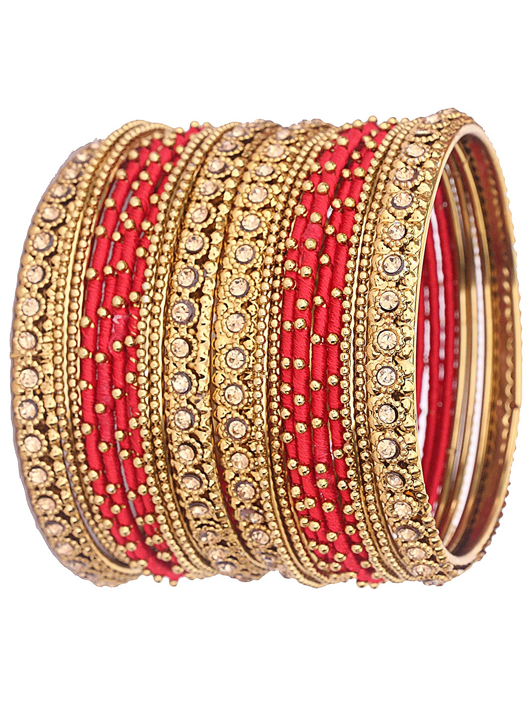 

ZULKA Set Of 20 Metal With Silk Thread & Zircon Gemstone Studded Bangles, Red