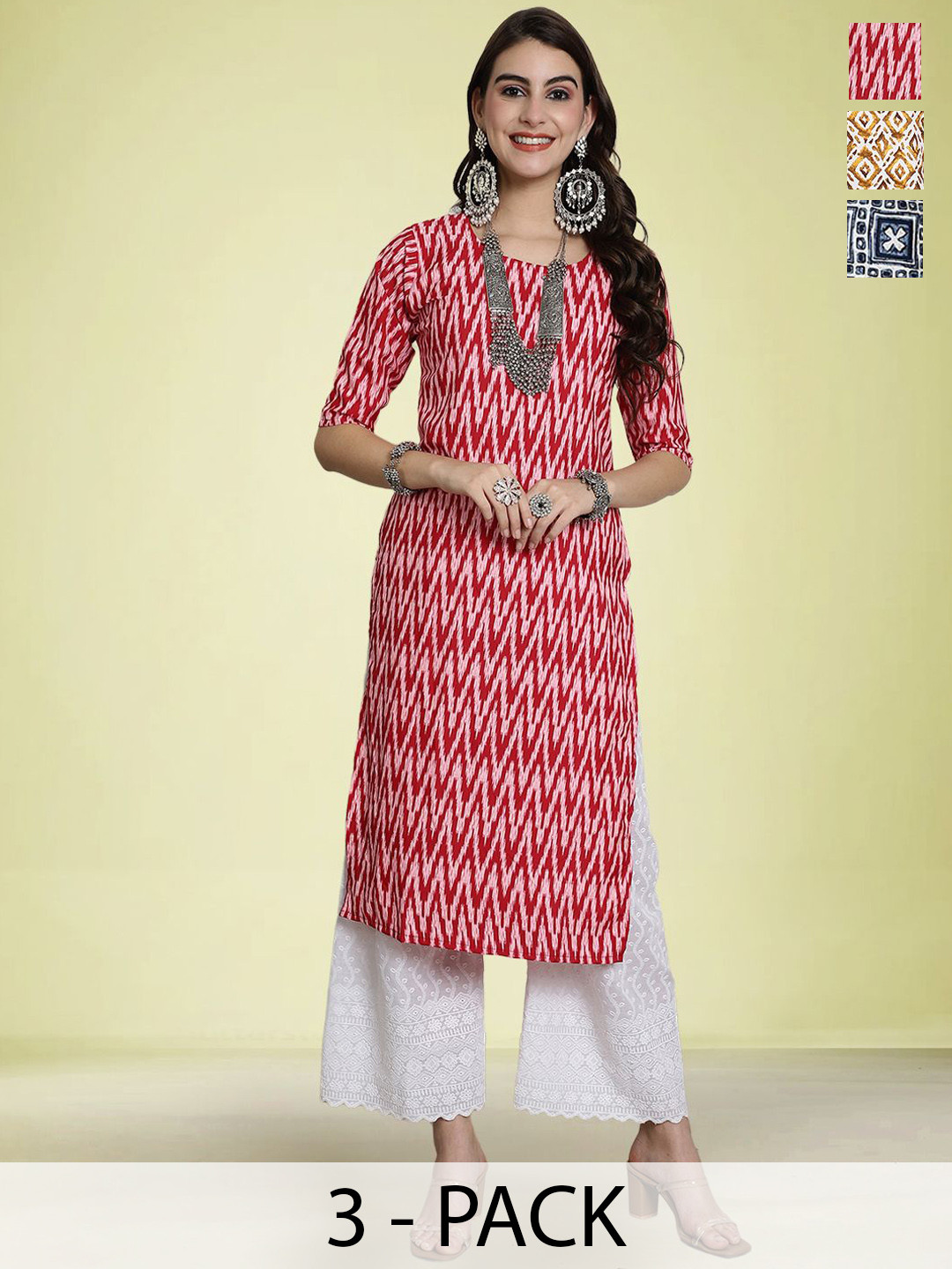 

Moda Rapido Selection Of 3 Chevron Printed Round Neck Straight Kurtas, Red