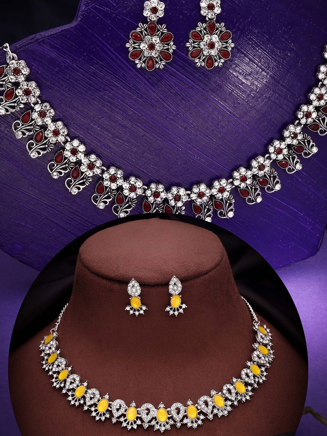 

DIVASTRI Set Of 2 Silver Plated American Diamond Studded Jewellery Sets