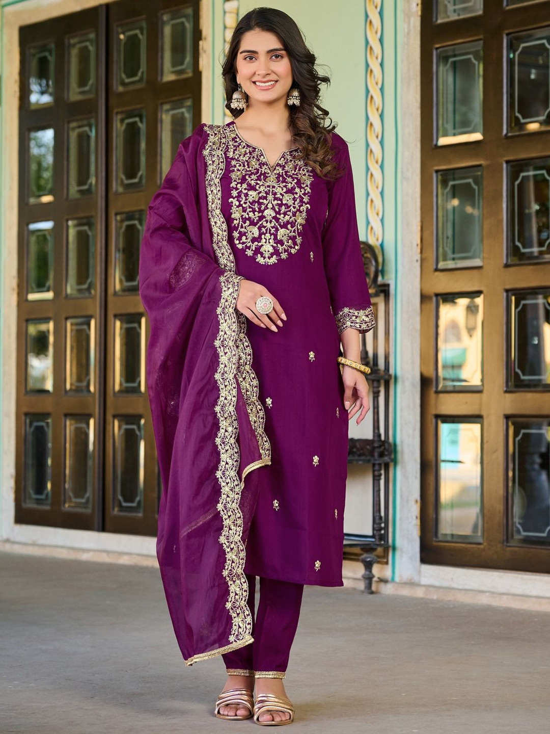 

KALINI Women Ethnic Motifs Embroidered Regular Chanderi Silk Kurta with Trousers & With Dupatta, Purple