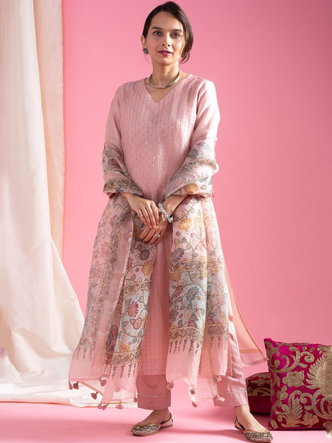 

Lilots Women Embroidered Regular Sequinned Kurta with Trousers & With Dupatta, Pink