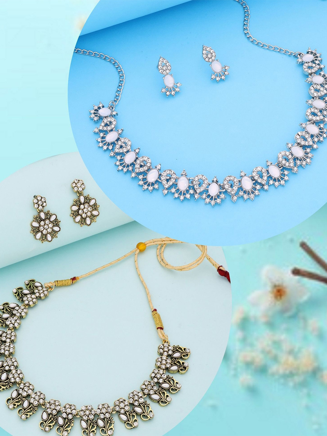

DIVASTRI Set Of 2 Gold-Plated American Diamond-Studded Jewellery Set