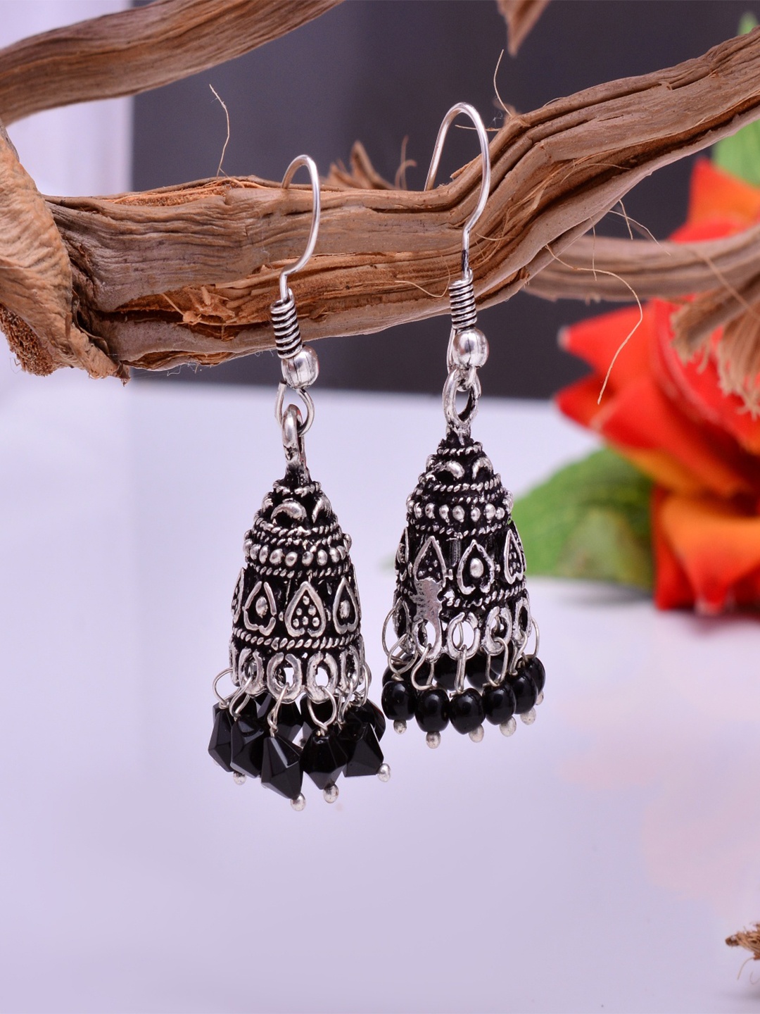 

Abhooshan Silver-Plated Artificial Beaded Oxidised Dome Shaped Jhumkas, Black