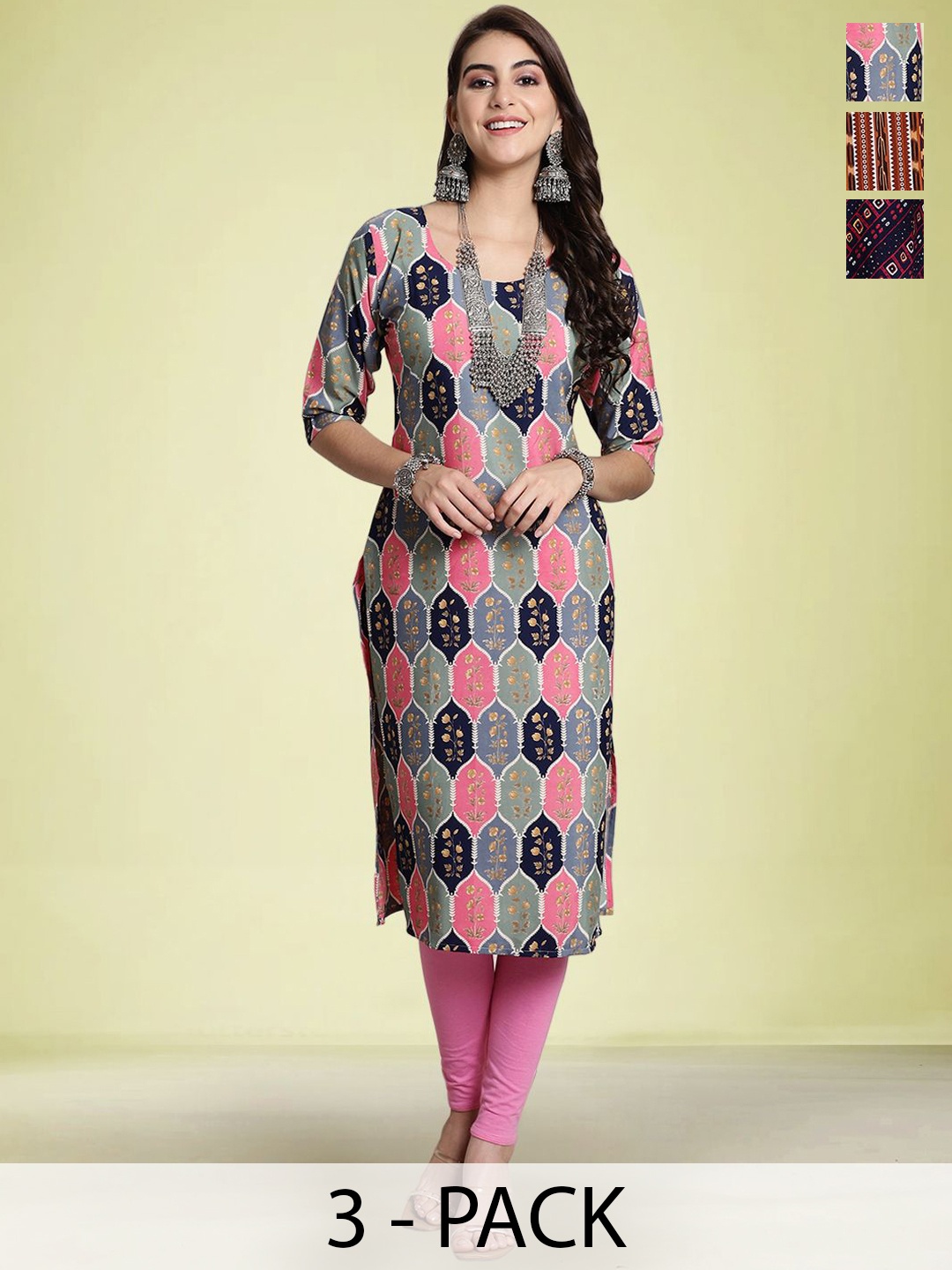 

Moda Rapido Selection Of 3 Floral Printed Round Neck Straight Kurtas, Pink