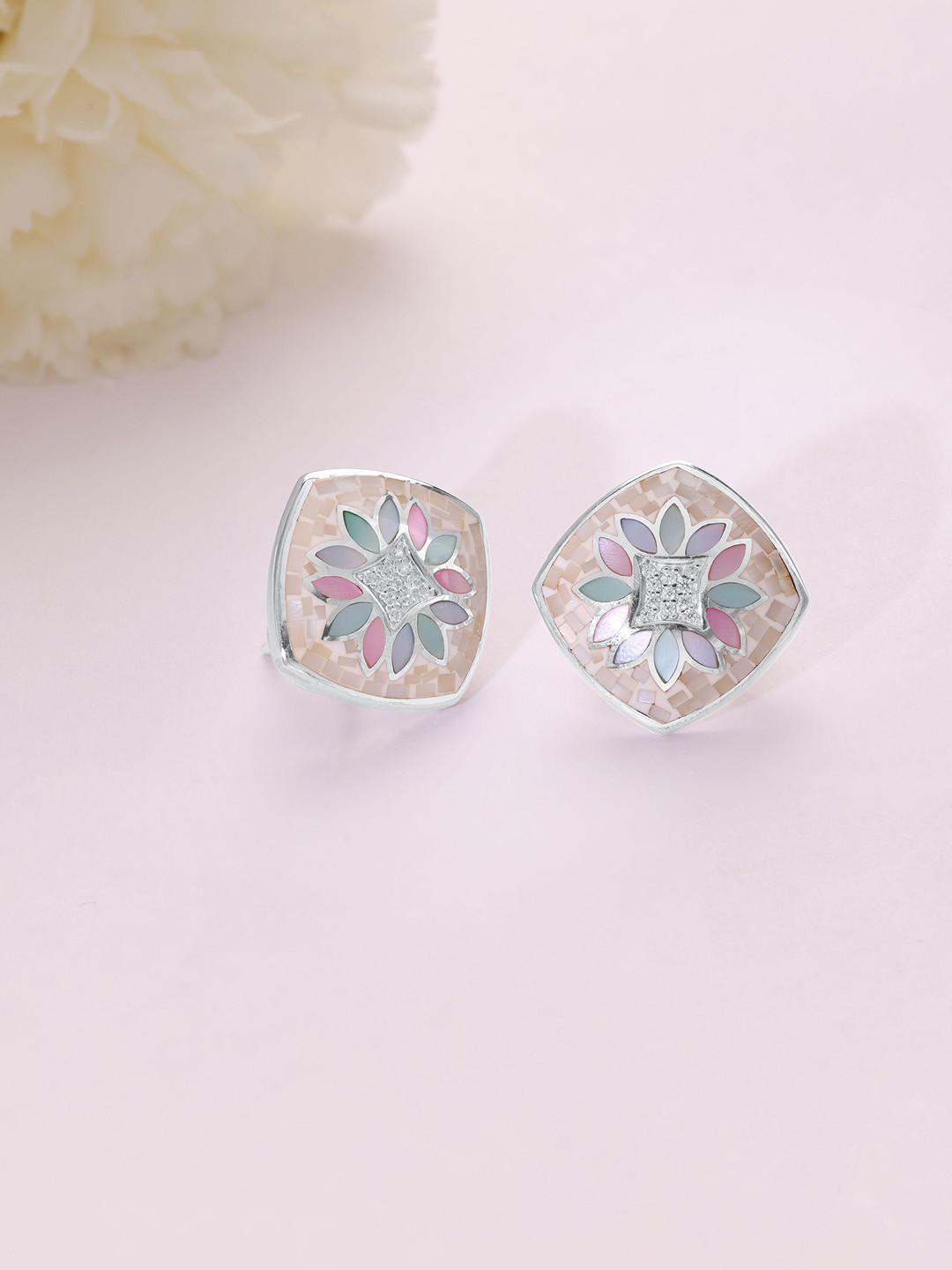

Mia by Tanishq Mother of Pearls Studded Oasis Square Shaped Studs, Silver