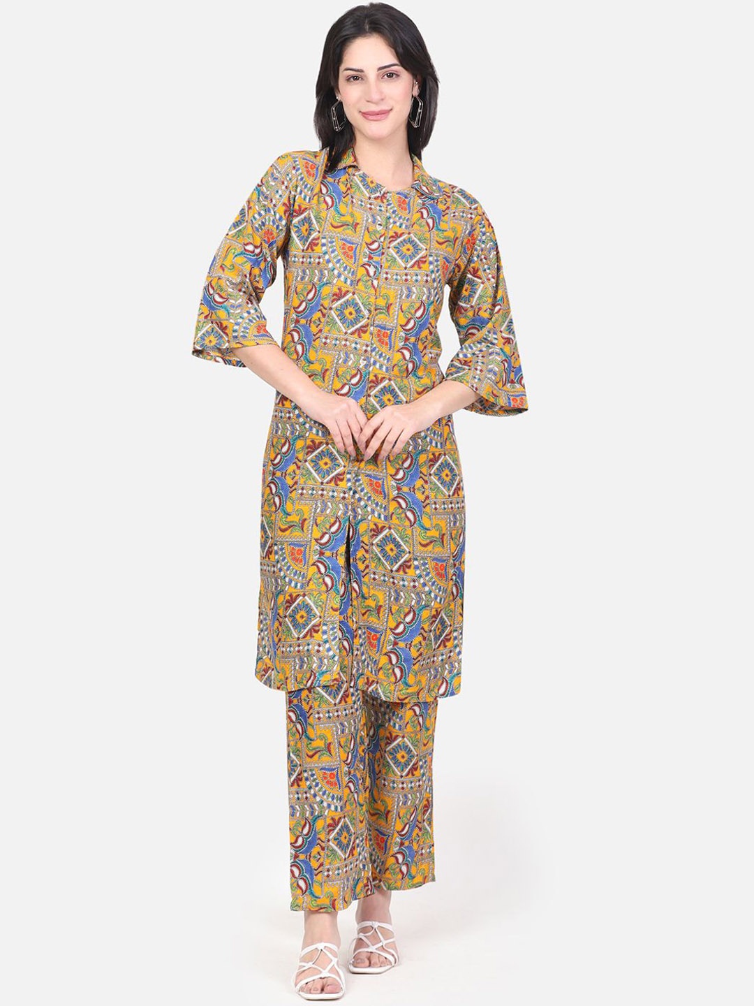 

ROSEMELON Floral Printed Shirt Collar Straight Kurta With Trousers, Yellow