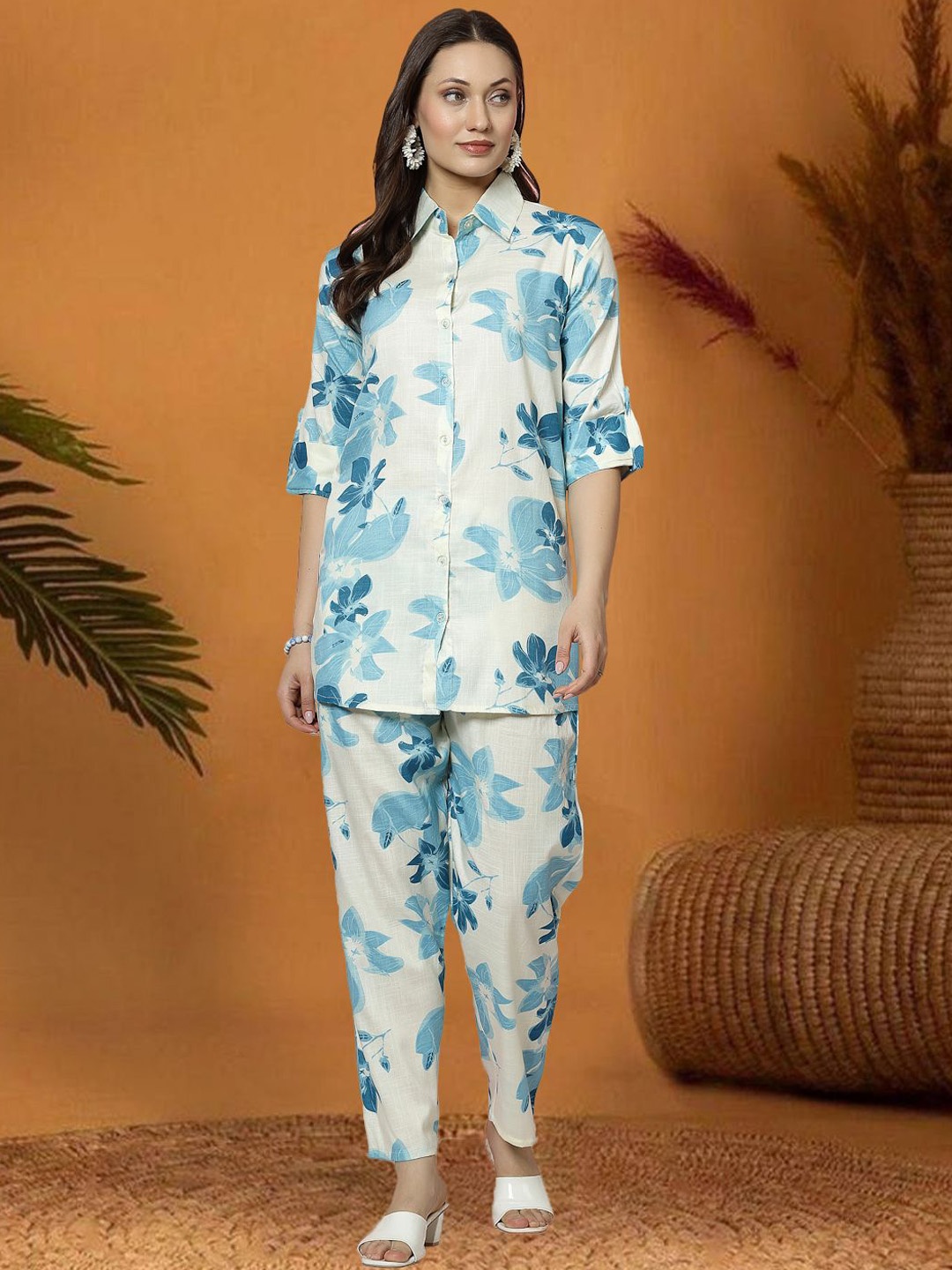 

all about you Printed Shirt Collar Shirt With Trousers Co-Ords, Turquoise blue