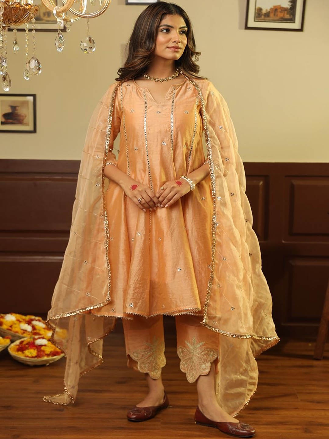 

ASRUMO Women Embroidered Regular Chanderi Silk Kurta with Trousers & With Dupatta, Peach