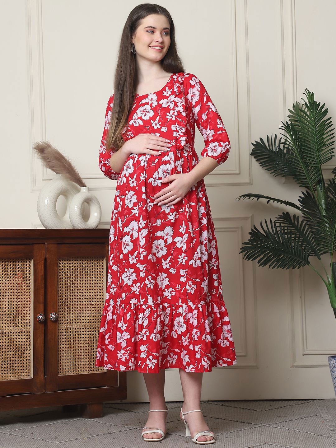 

Frempy Floral Print Organic Cotton Maternity Maxi Dress, Red
