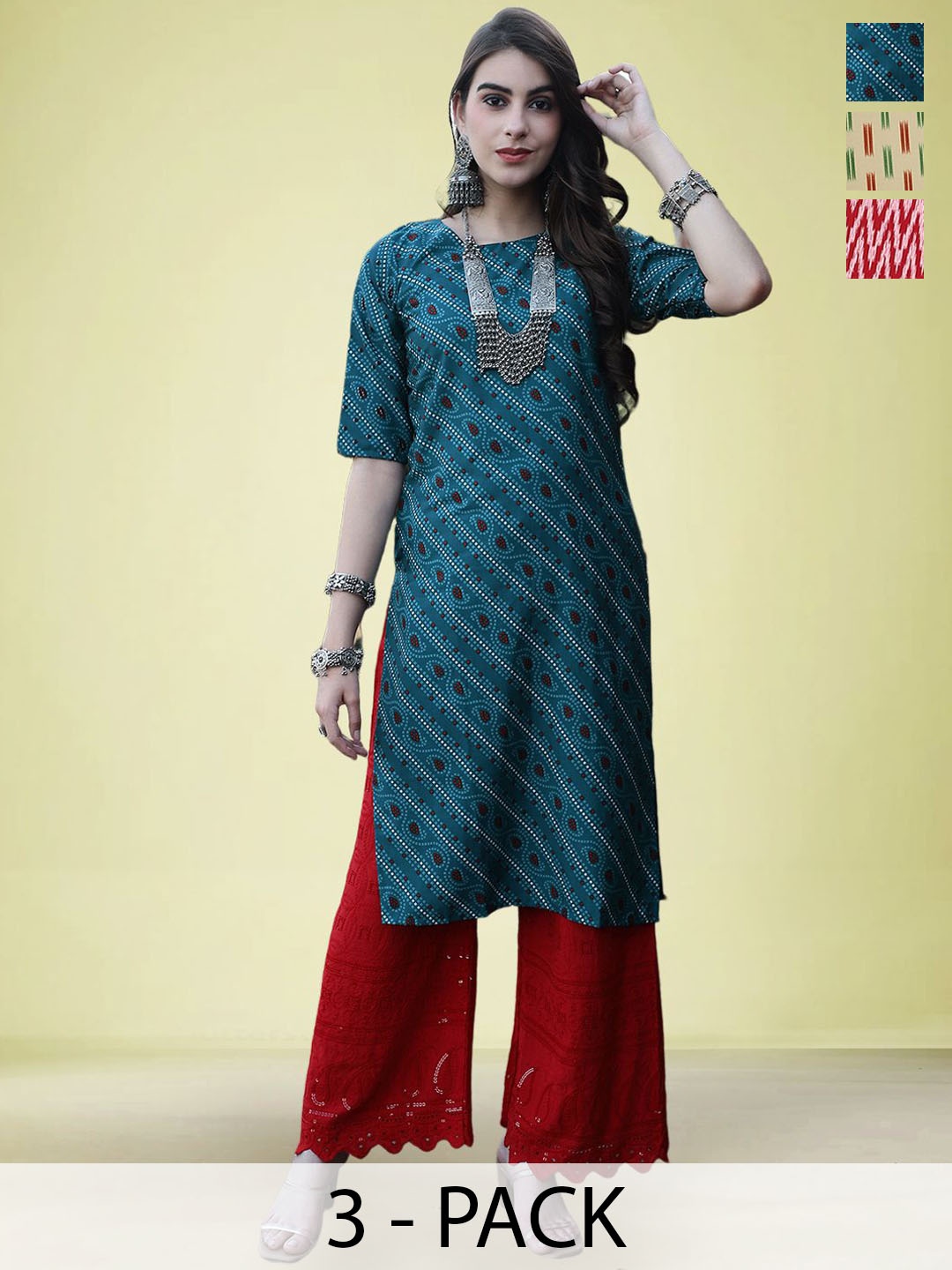 

Moda Rapido Selection Of 3 Bandhani Printed Round Neck Straight Kurtas, Teal
