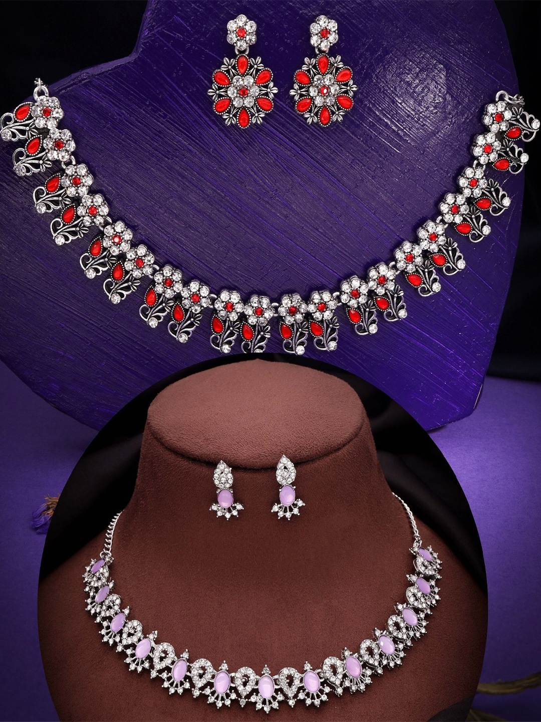 

DIVASTRI Set Of 2 Gold-Plated American Diamond-Studded Jewellery Set, Silver