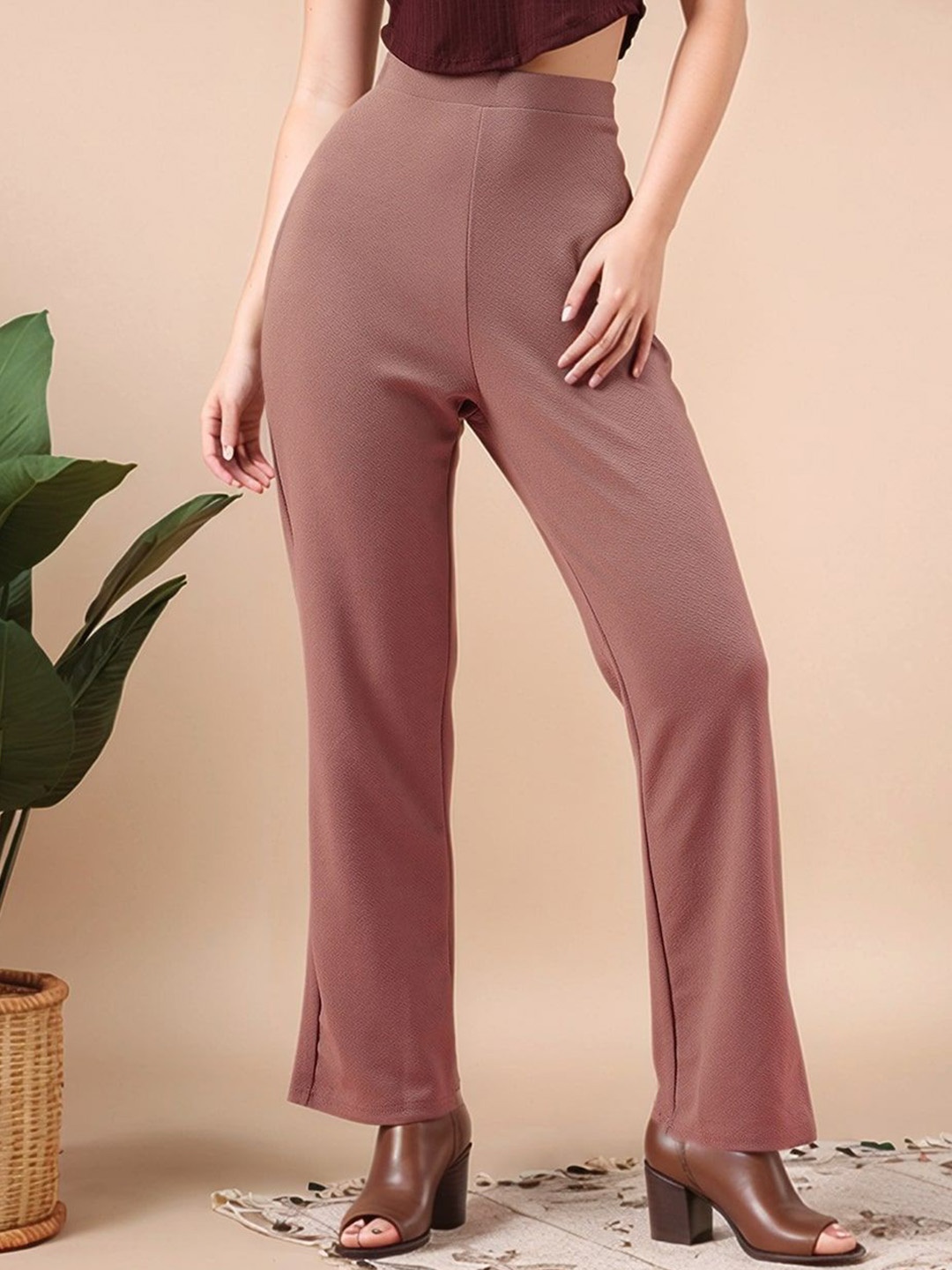 

Mast & Harbour Women High-Rise Easy Wash Trousers, Brown