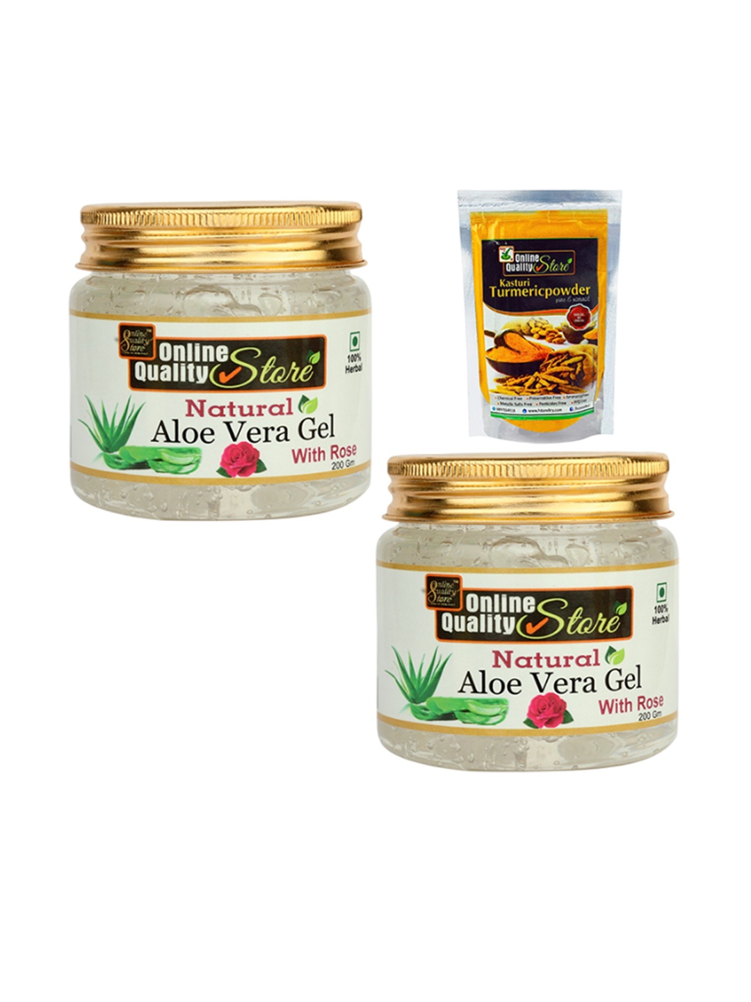 

Online Quality Store Set Of 3 Natural Aloevera Gel 200 g Each & Turmeric Powder 400 g, Transparent