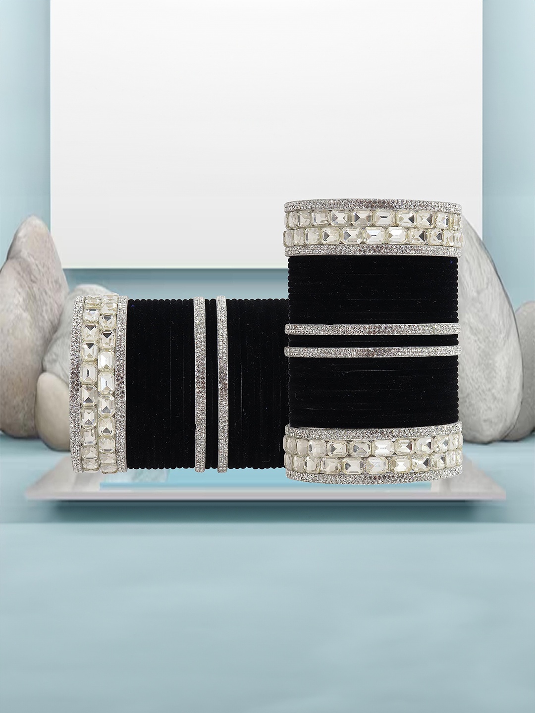 

ZULKA Set Of 68 Silver-Plated Cubic Zirconia Studded Velvet Bangles