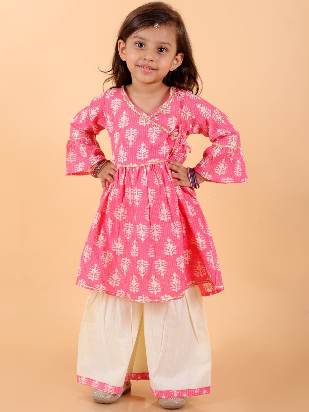 

MoMaa Girls Floral Printed Angrakha Gotta Patti Pure Cotton Kurti with Sharara, Pink