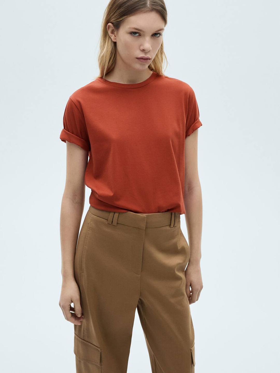 

MANGO Women Pure Cotton T-shirt, Rust