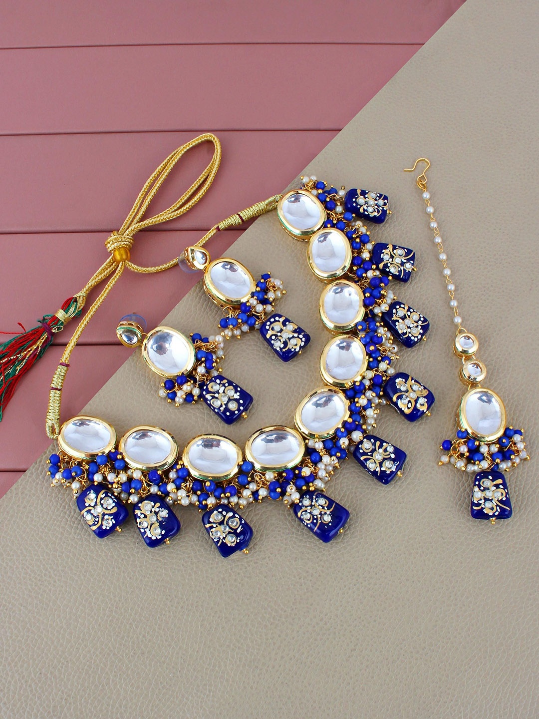 

LUCKY JEWELLERY 18K Gold-Plated Kundan-Studded Necklace And Earrings With Maang Tika