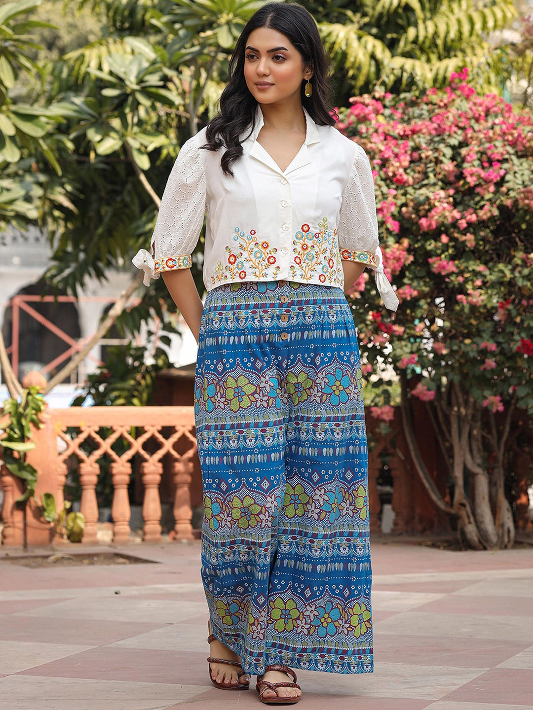 

Juniper Embroidered Thread Work Top With Palazzos, White