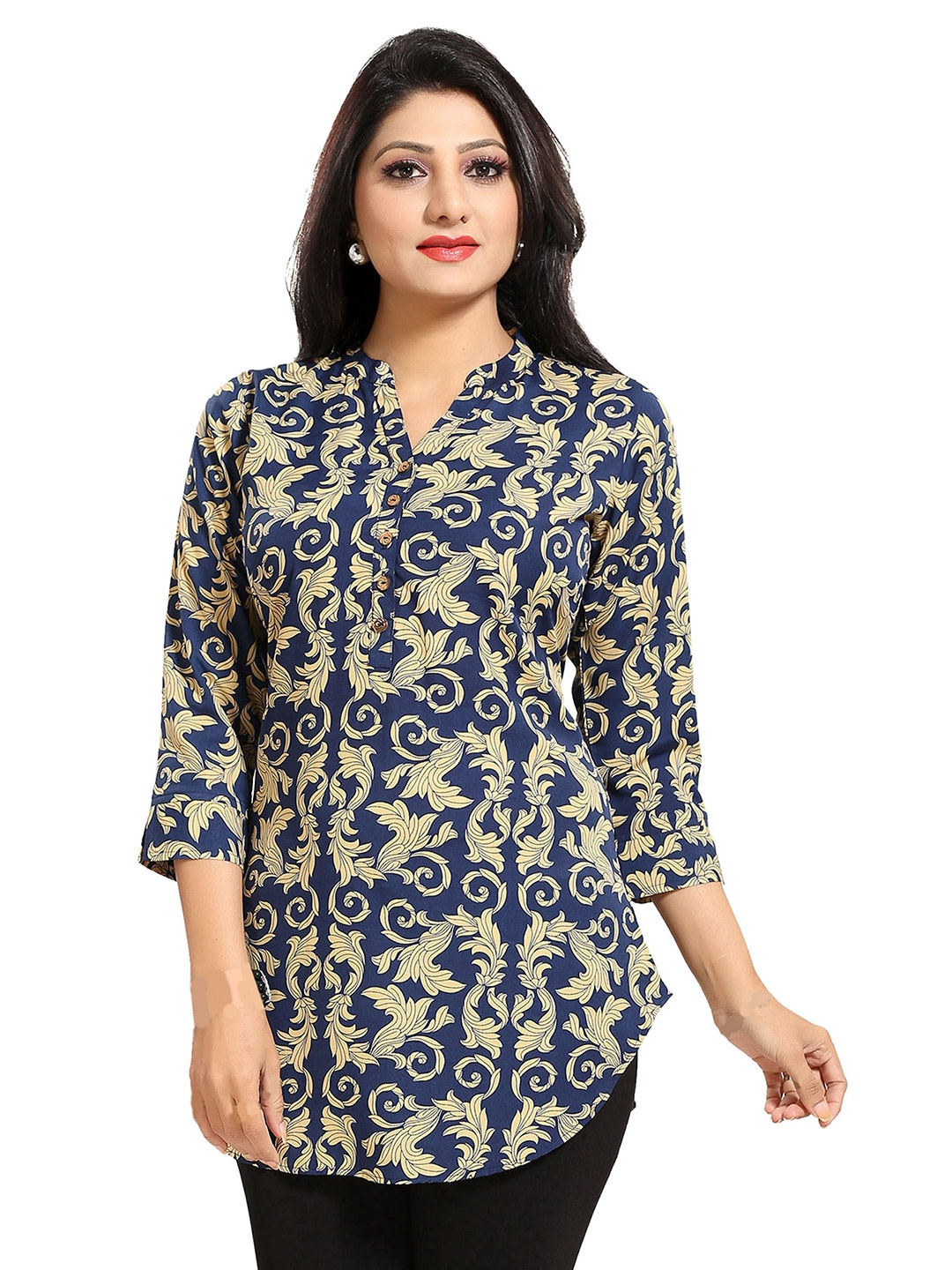 

Meher Impex Floral Print Mandarin Collar Crepe Top, Blue