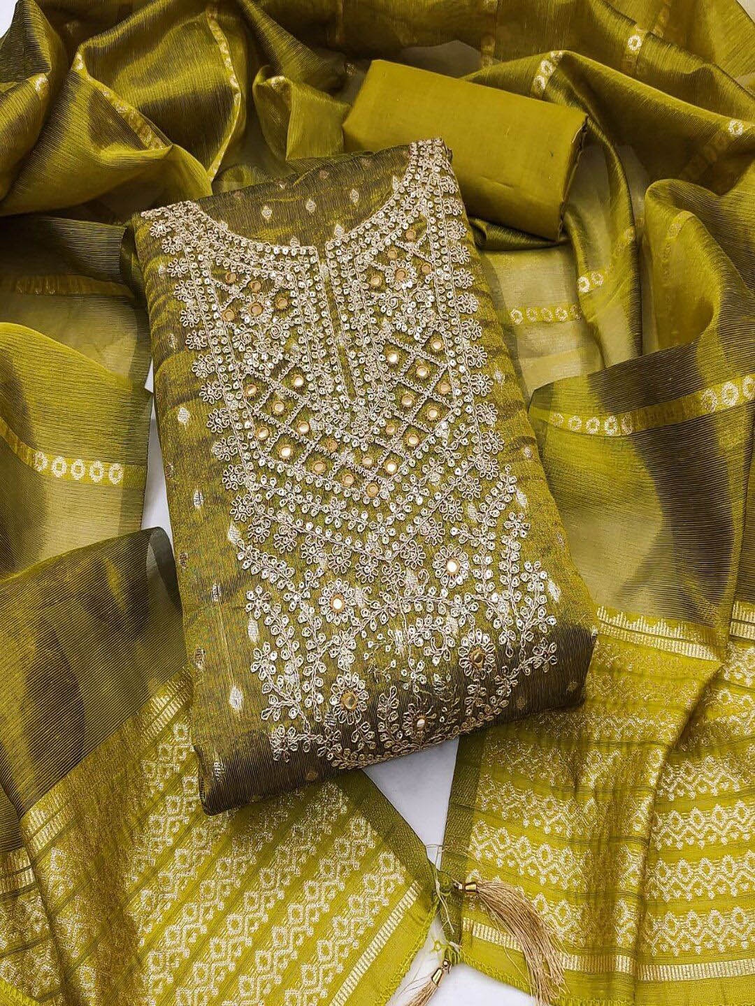

SHIJILA Floral Woven Design Thread Work Unstitched Dress Material, Olive