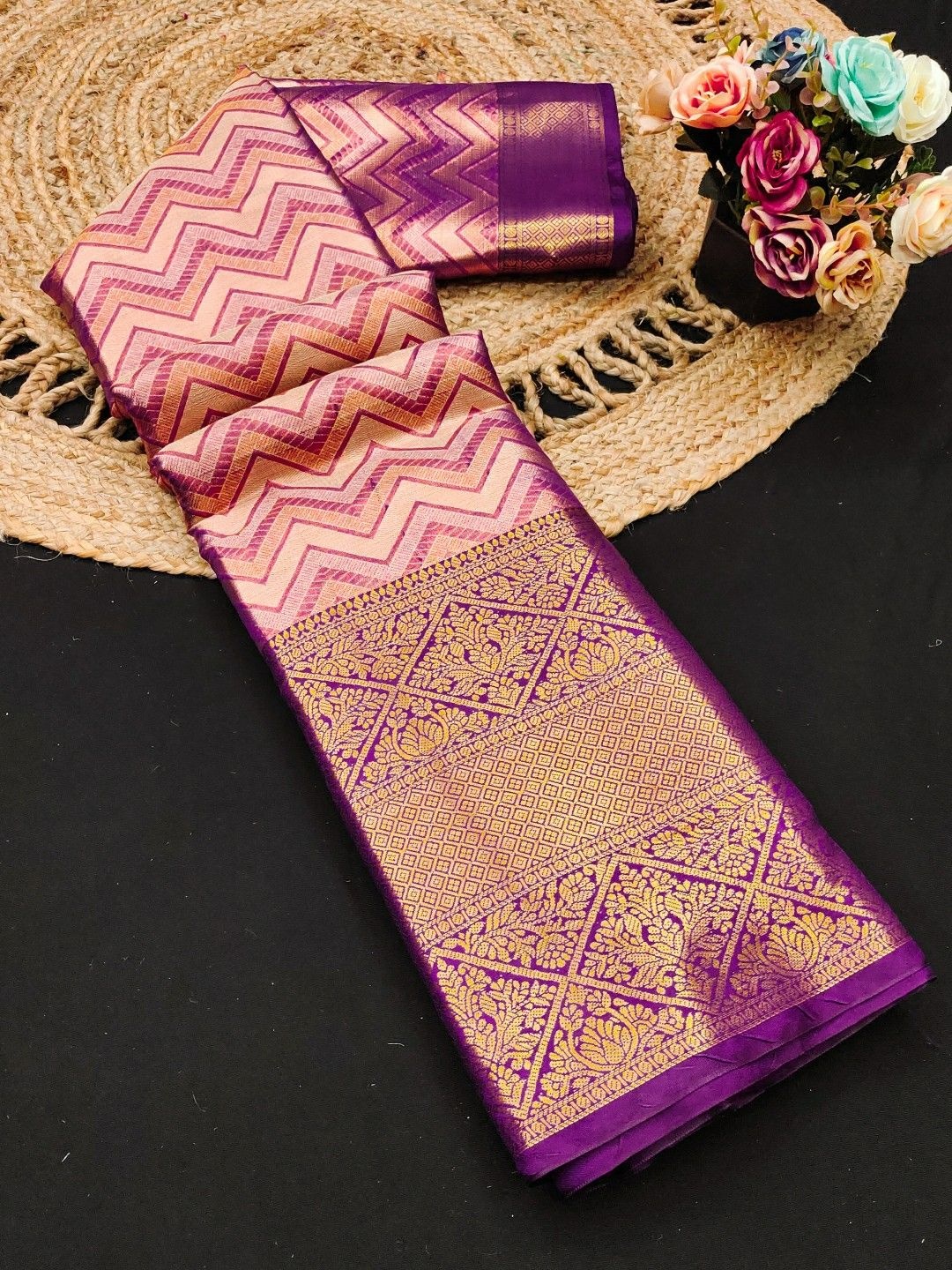 

Mitera Woven Design Zari Pure Silk Handloom Kanjeevaram Saree, Purple