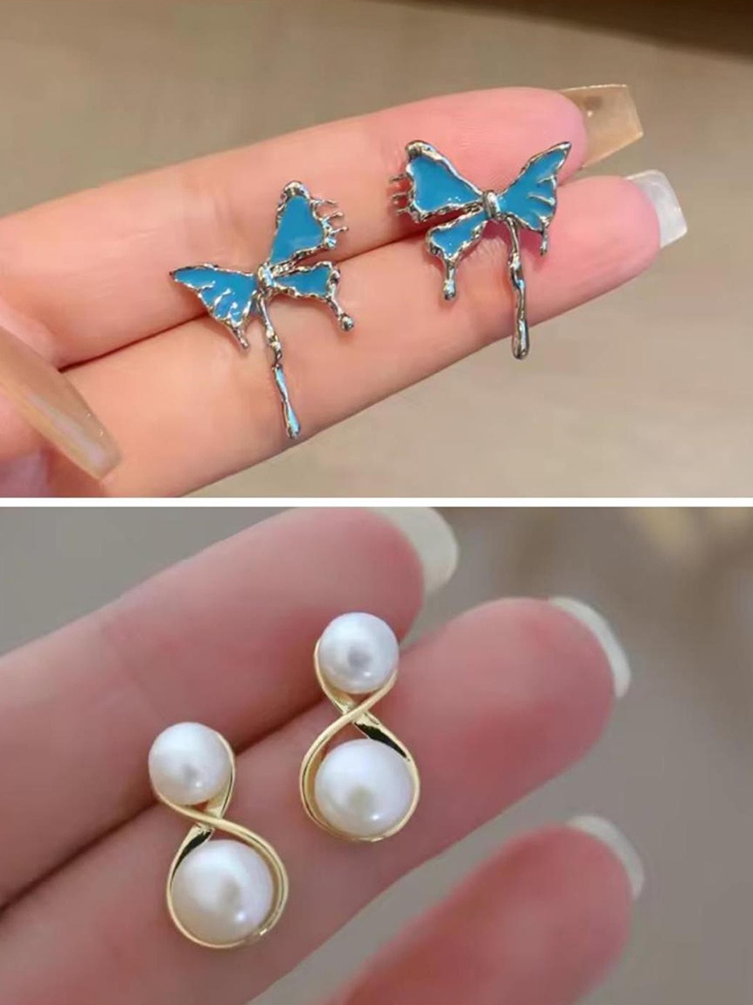 

MADDY SPACE Set Of 2 Gold-Plated Butterfly Shaped Pearls Korean-Inspired Studs, Blue