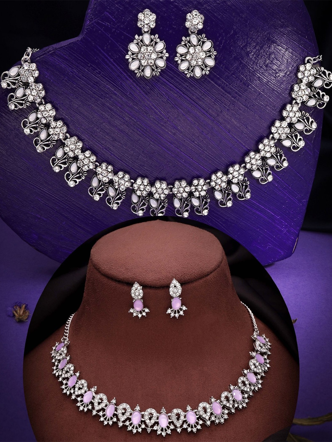 

DIVASTRI Set Of 2 Silver Plated American Diamond Studded Jewellery Sets