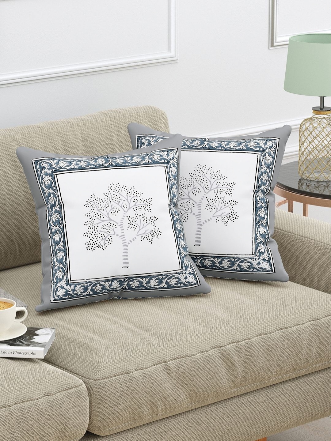 

Myntra Elegant Homes Grey & Blue Set of 2 Floral Square Cushion Covers