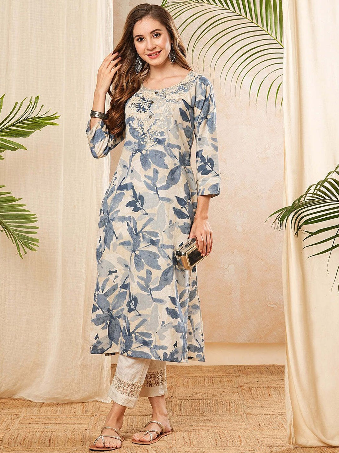 

PHYSIL Floral Printed Round Neck Thread Work Straight Cotton Kurta, Cream