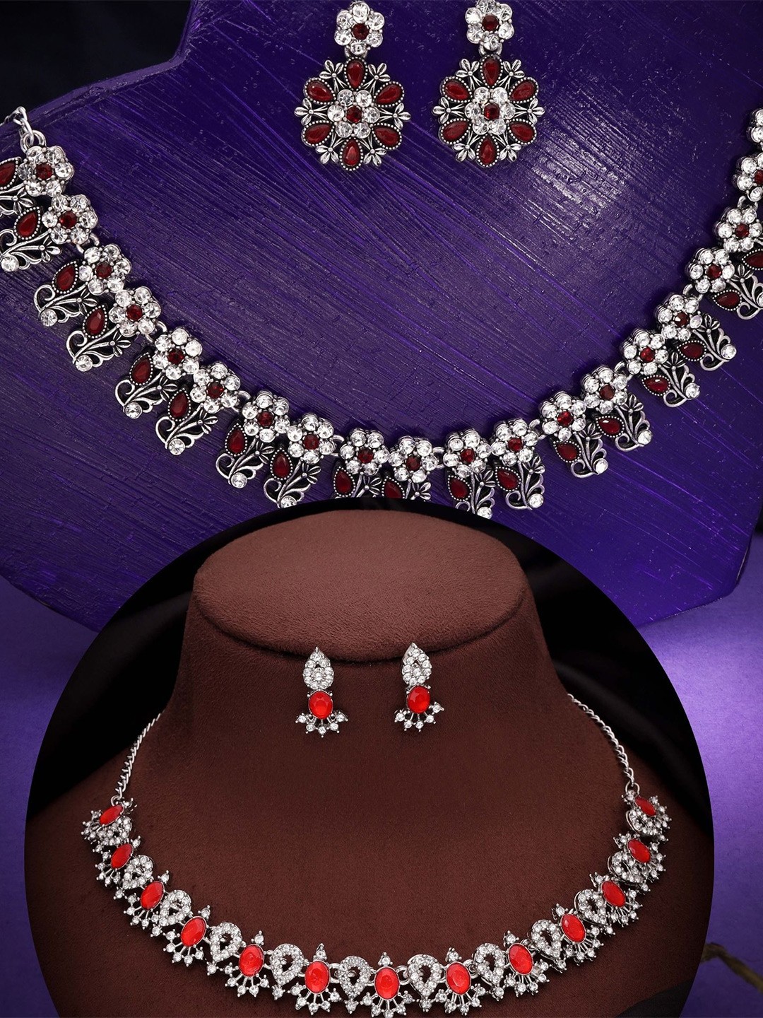 

DIVASTRI Set Of 2 Silver-Plated American Diamond Studded Jewellery Sets
